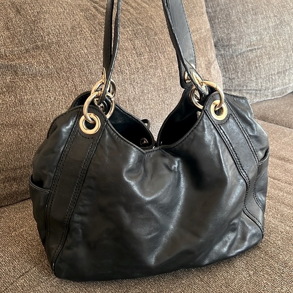 MICHAEL KORS Black Soft Leather Pleated Drawstring Satchel Gold Bag - Picture 2 of 12